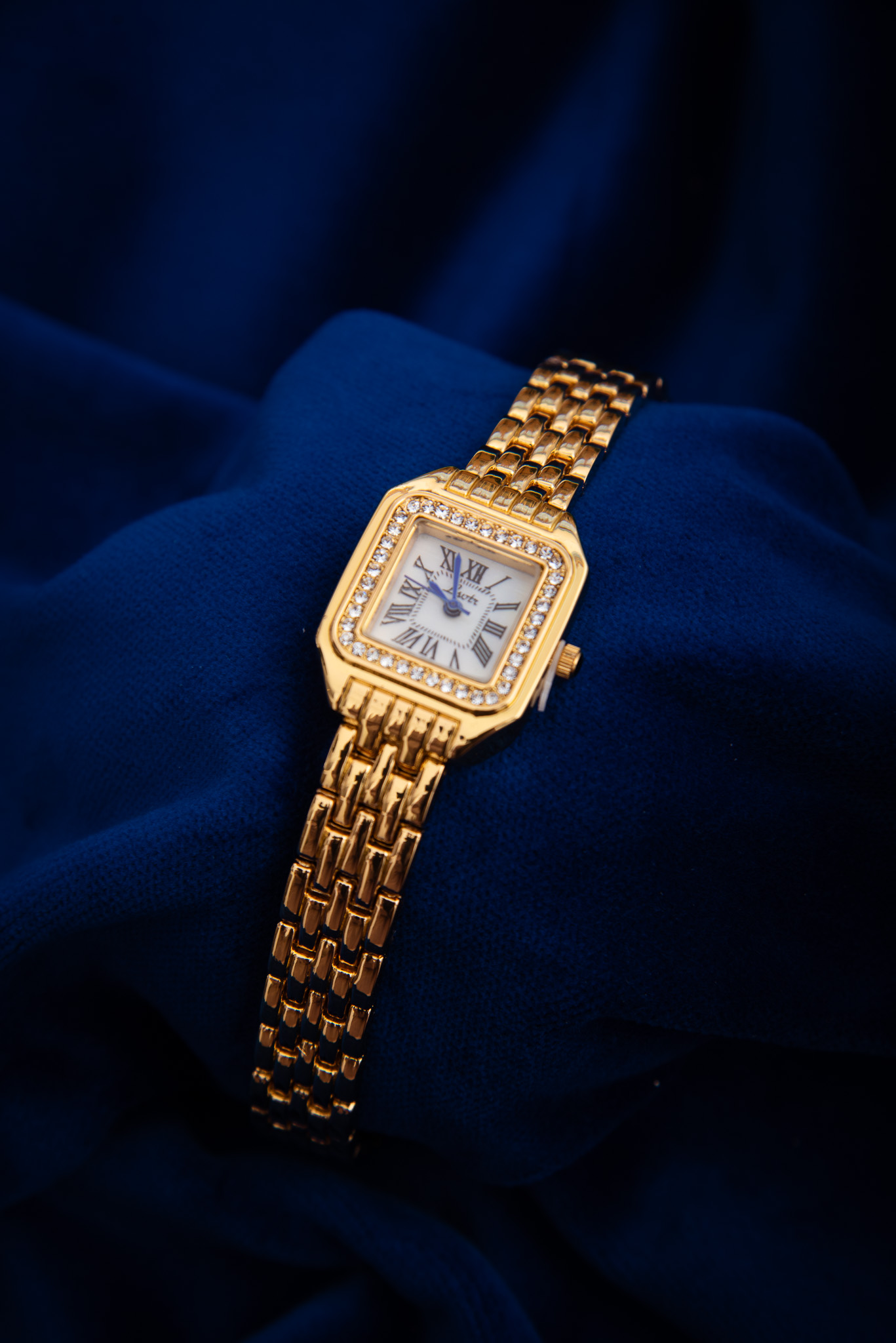 Gold Tone Square Watch With Rhinestones
