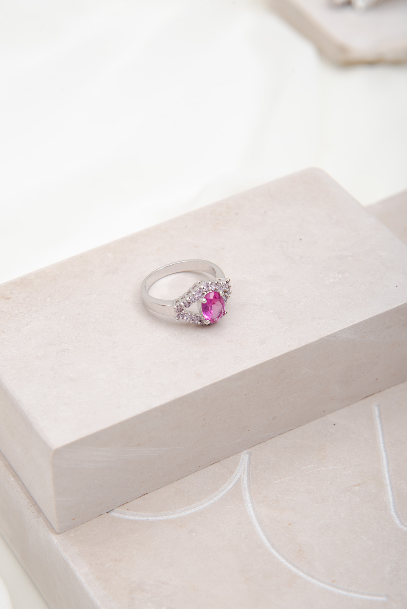 Silver Tone Pink Stone Ring