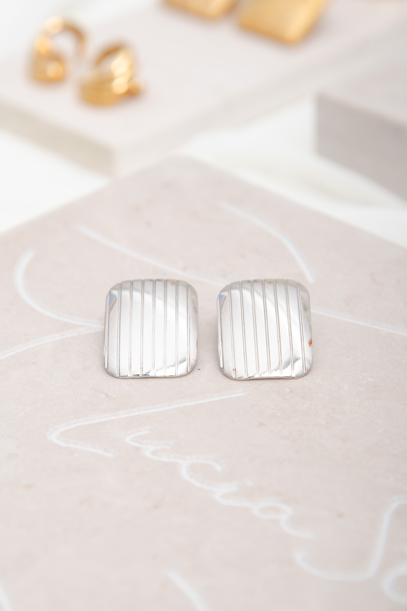 Minimal Rectangle Silver Tone Earrings