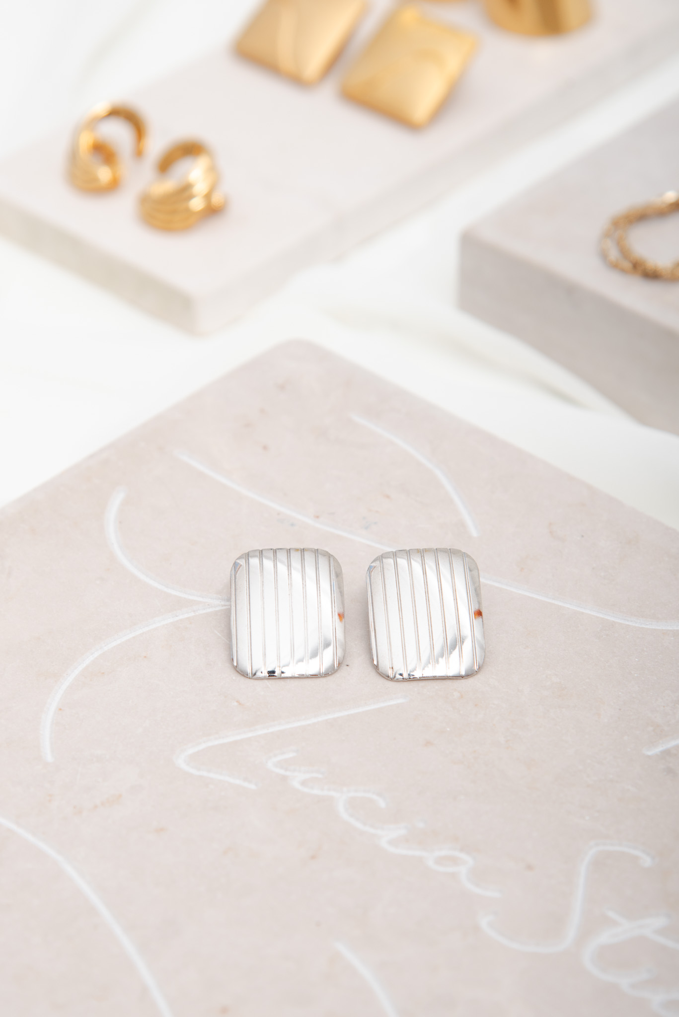 Minimal Rectangle Silver Tone Earrings - Image 2