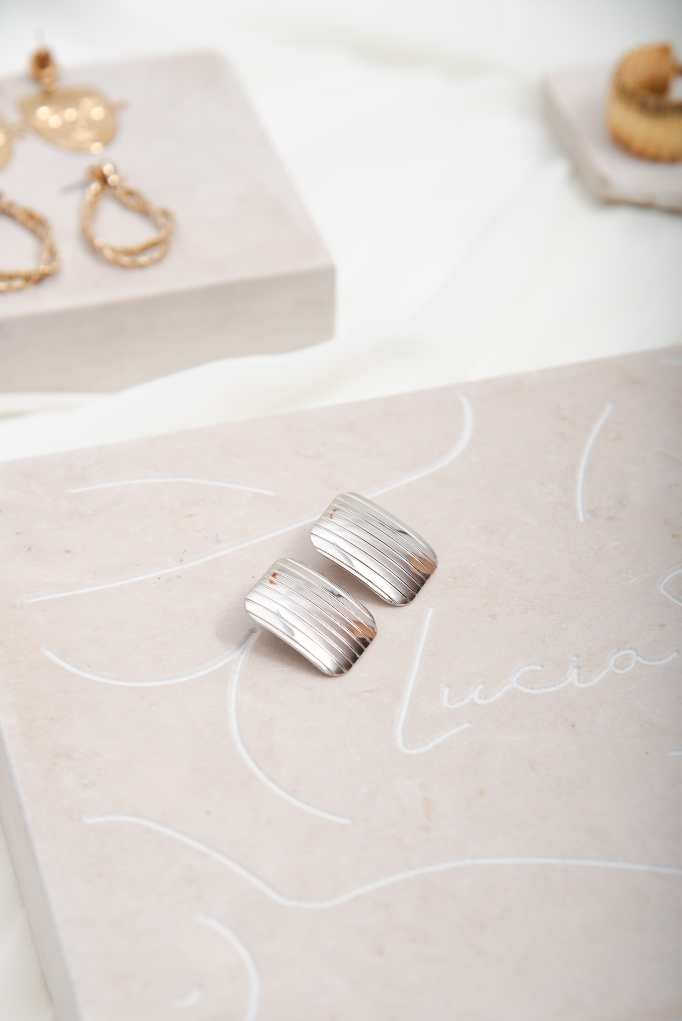 Minimal Rectangle Silver Tone Earrings - Image 3
