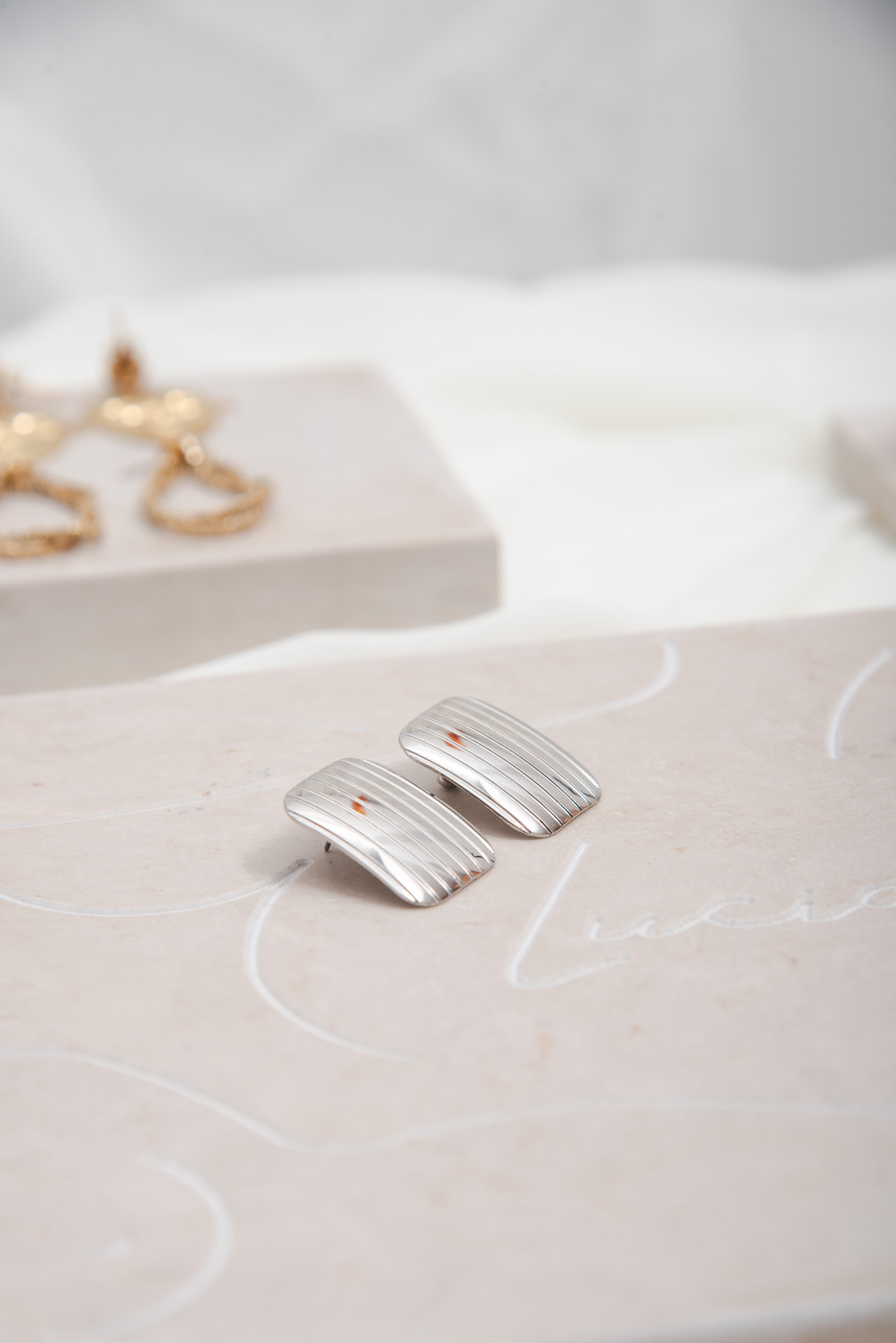 Minimal Rectangle Silver Tone Earrings - Image 4