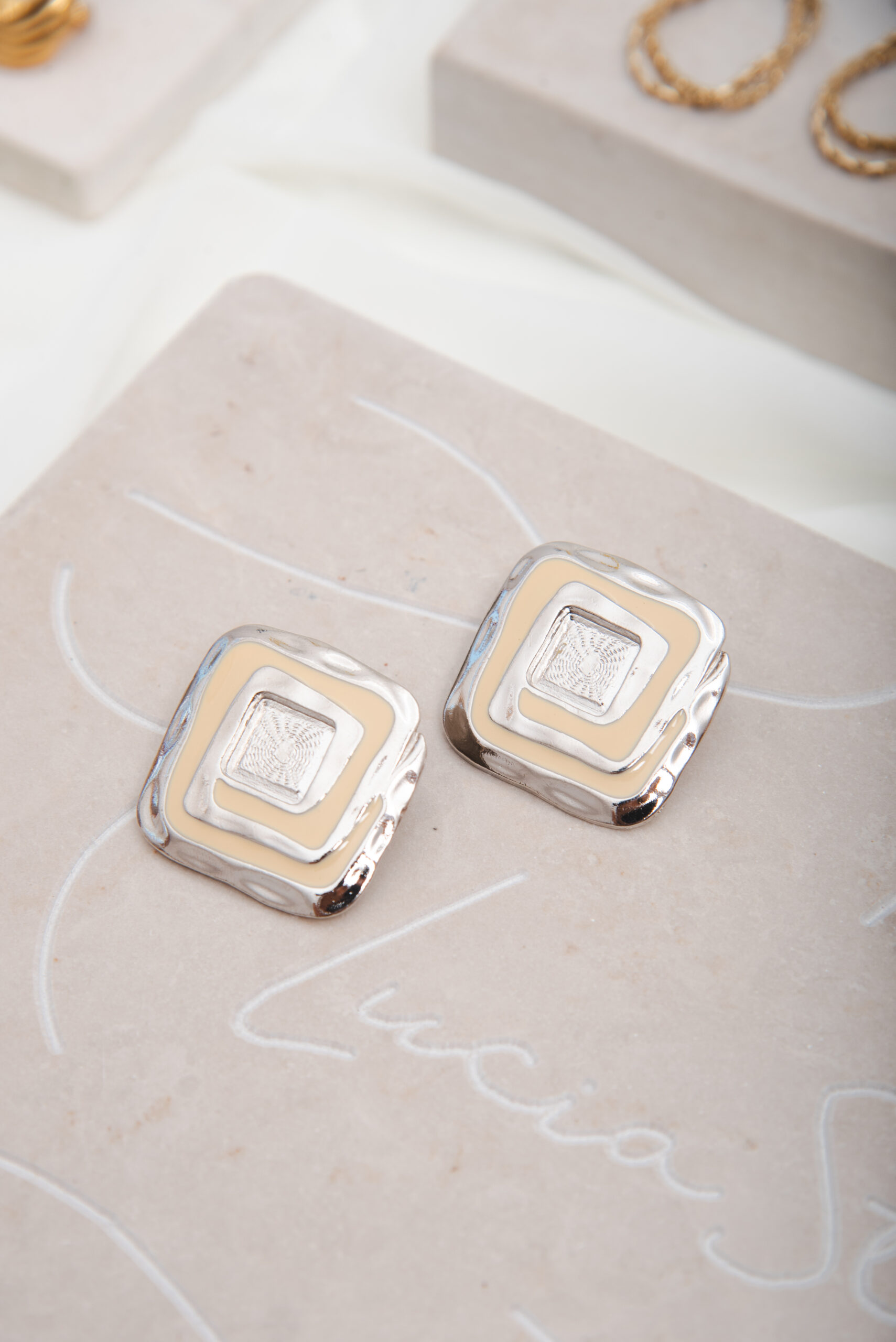 Vintage Silver Tone & Cream Earrings