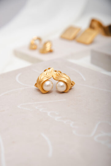 Matte Gold Leaf With Pearl Clip On Earrings