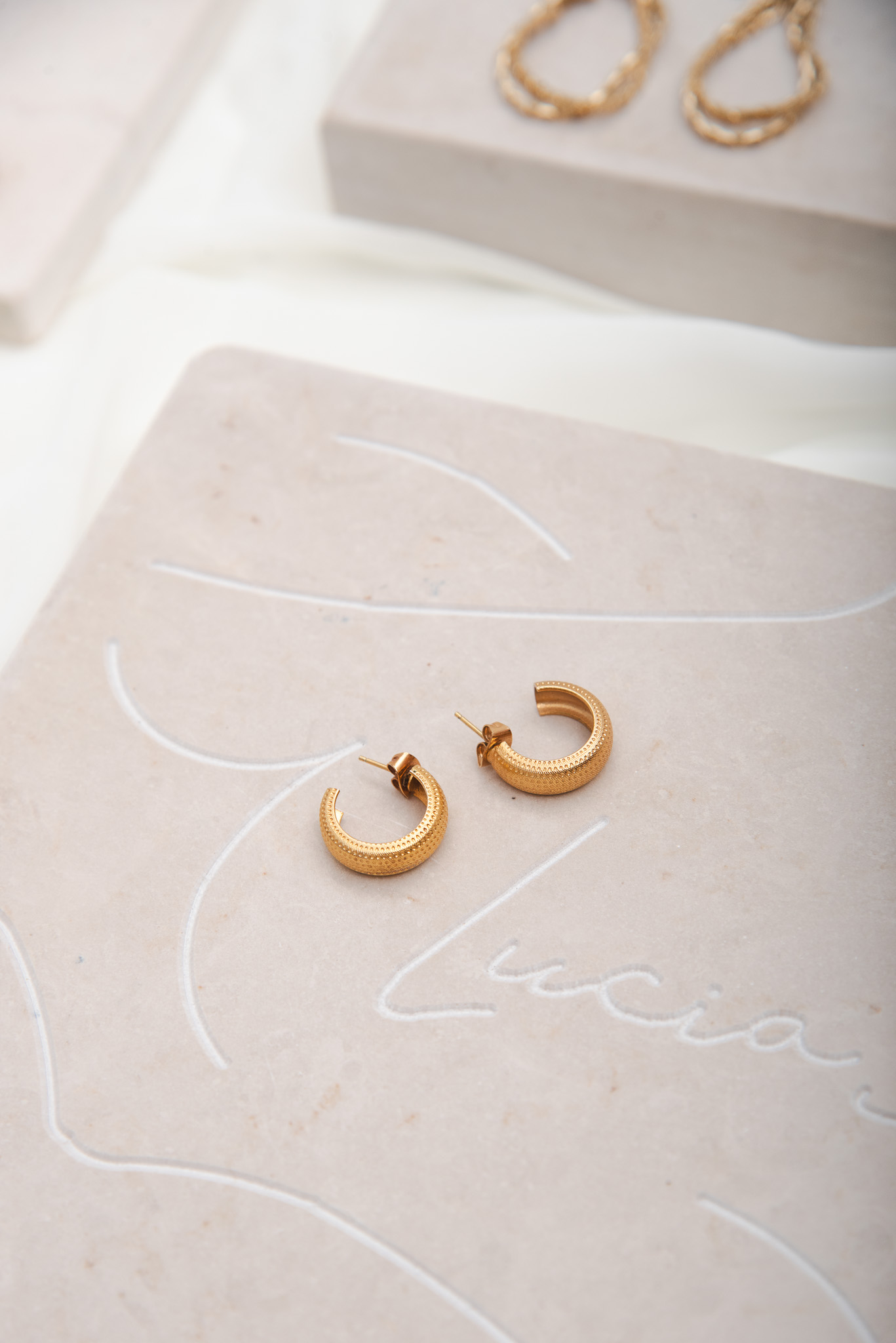 Small Elegant Gold Tone Hoops With Texture - Image 2