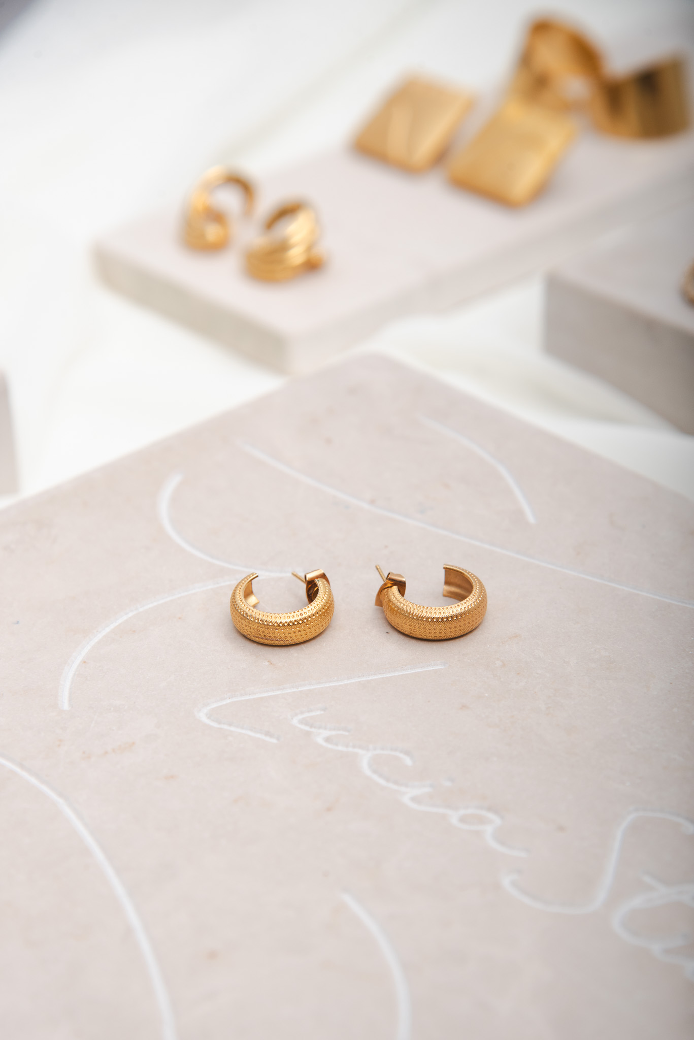 Small Elegant Gold Tone Hoops With Texture - Image 3